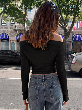 Schulterfreies langärmeliges kurzes Strickblusen-Stretch-Shirt in schmaler Passform lässig und sexy