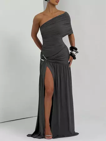 Party Dress Maxi Dresses Dark Gray One Shoulder Ruched Waist High Slit Evening Formal Elegant Gown