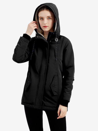 SchwarzWinterparka mit Kapuze Fleecefutter taillierter Midi-Länge warmer Outdoor-Mantel für Damen