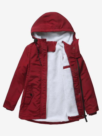 BurgunderrotWinterparka mit Kapuze Fleecefutter taillierter Midi-Länge warmer Outdoor-Mantel für Damen