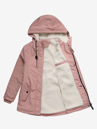 RosaWinterparka mit Kapuze Fleecefutter taillierter Midi-Länge warmer Outdoor-Mantel für Damen
