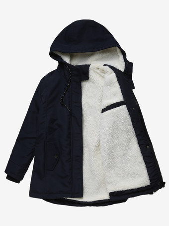 Dunkelblau Winterparka mit Kapuze Fleecefutter taillierter Midi-Länge warmer Outdoor-Mantel für Damen