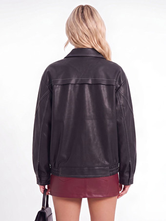 Jacke mit Revers einreihig locker kurz geschnitten Kunstleder Damen Vintage-Freizeitmantel