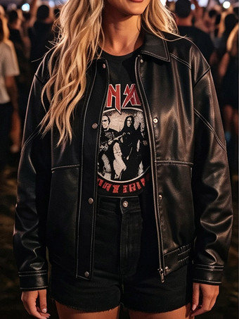 Jacke mit Revers einreihig locker kurz geschnitten Kunstleder Damen Vintage-Freizeitmantel