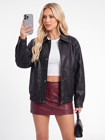 SchwarzJacke mit Revers einreihig locker kurz geschnitten Kunstleder Damen Vintage-Freizeitmantel