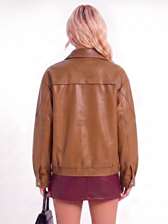 Jacke mit Revers einreihig locker kurz geschnitten Kunstleder Damen Vintage-Freizeitmantel