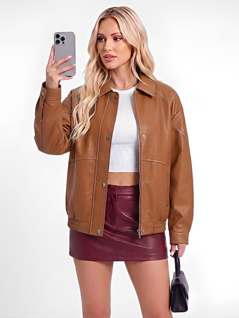 Kamel Jacke mit Revers einreihig locker kurz geschnitten Kunstleder Damen Vintage-Freizeitmantel