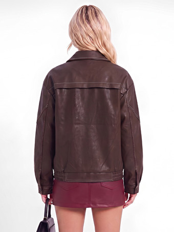 Jacke mit Revers einreihig locker kurz geschnitten Kunstleder Damen Vintage-Freizeitmantel