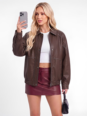 Jacke mit Revers einreihig locker kurz geschnitten Kunstleder Damen Vintage-Freizeitmantel