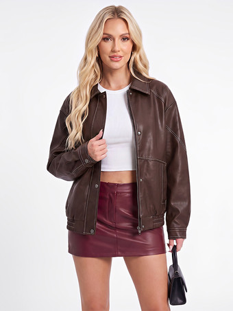 Braun Jacke mit Revers einreihig locker kurz geschnitten Kunstleder Damen Vintage-Freizeitmantel