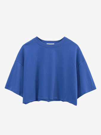 ブルー ラウンドネックのオーバーサイズでゆったりとしたクロップド丈の半袖Tシャツ、レディースカジュアルサマーTシャツ