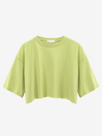 イエローラウンドネックのオーバーサイズでゆったりとしたクロップド丈の半袖Tシャツ、レディースカジュアルサマーTシャツ