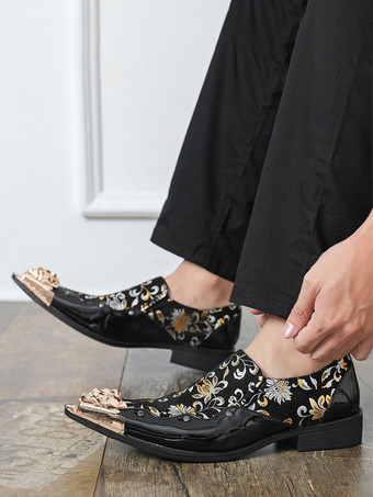 Schwarze Damen-Slipper mit Metalldetails und Blumenmuster