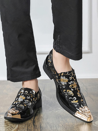 Schwarze Damen-Slipper mit Metalldetails und Blumenmuster