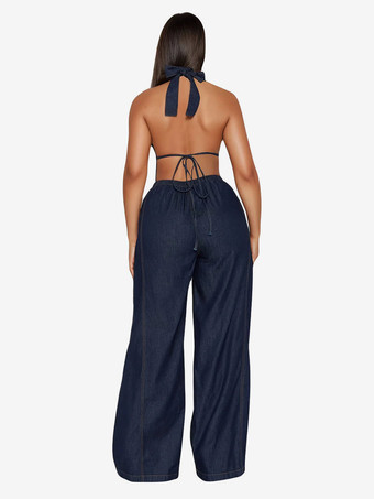 Dunkelblauer Denim-Jumpsuit mit Neckholder tiefem V-Ausschnitt am Rücken Taillengürtel und weitem Bein