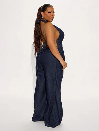 Dunkelblauer Denim-Jumpsuit mit Neckholder tiefem V-Ausschnitt am Rücken Taillengürtel und weitem Bein