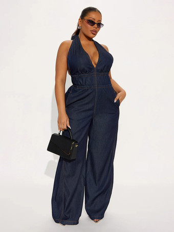 Dunkelblauer Denim-Jumpsuit mit Neckholder tiefem V-Ausschnitt am Rücken Taillengürtel und weitem Bein