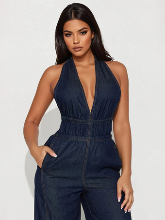 Dunkelblauer Denim-Jumpsuit mit Neckholder tiefem V-Ausschnitt am Rücken Taillengürtel und weitem Bein