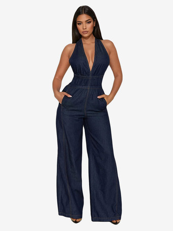 Dunkelblau Dunkelblauer Denim-Jumpsuit mit Neckholder tiefem V-Ausschnitt am Rücken Taillengürtel und weitem Bein