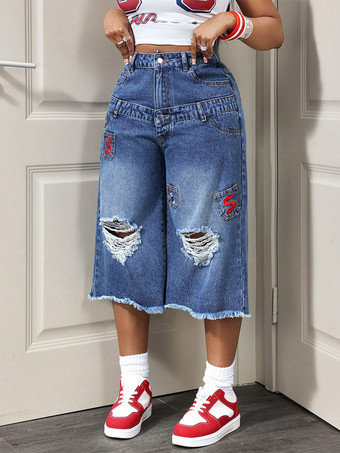 デニムブルー ハイウエスト ダメージ加工 刺繍入り ワイドレッグ カプリジーンズ レディース ストリートウェア
