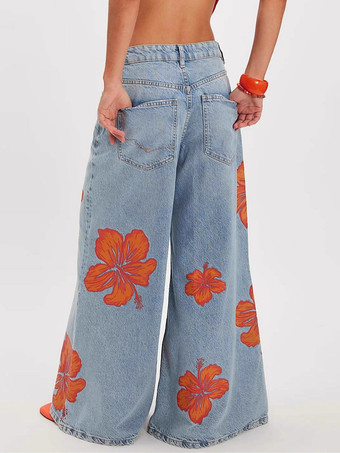 Jeans blau niedrig geschnitten mit Blumenmuster weites Bein Denim Damen lässig Strand-Denim