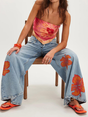 Jeans blau niedrig geschnitten mit Blumenmuster weites Bein Denim Damen lässig Strand-Denim