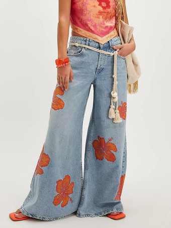 Blau Jeans blau niedrig geschnitten mit Blumenmuster weites Bein Denim Damen lässig Strand-Denim