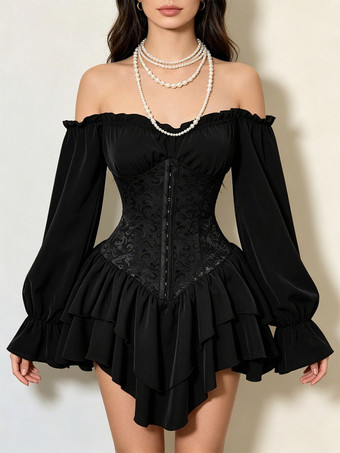 Corset Dress Off Shoulder Long Sleeve Lace Tiered Ruffle Mini Women Gothic Sexy Dress