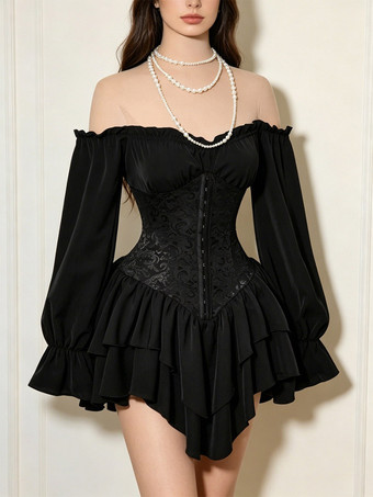 Corset Dress Off Shoulder Long Sleeve Lace Tiered Ruffle Mini Women Gothic Sexy Dress