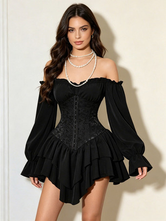 Black Corset Dress Off Shoulder Long Sleeve Lace Tiered Ruffle Mini Women Gothic Sexy Dress