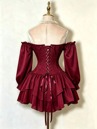 Corset Dress Off Shoulder Long Sleeve Lace Tiered Ruffle Mini Women Gothic Sexy Dress