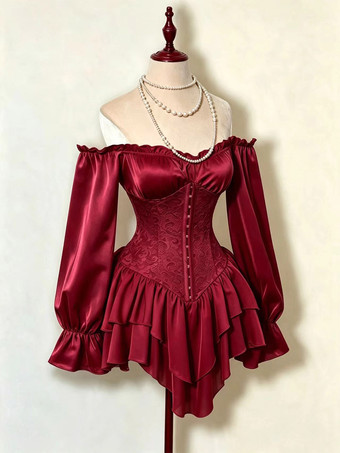 Corset Dress Off Shoulder Long Sleeve Lace Tiered Ruffle Mini Women Gothic Sexy Dress