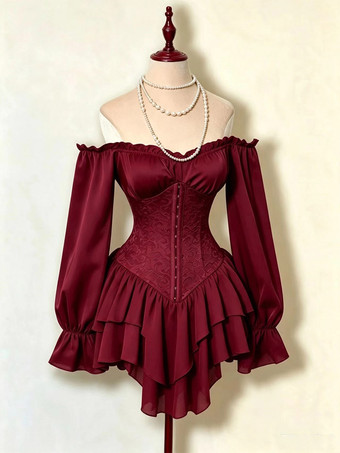 Burgundy Corset Dress Off Shoulder Long Sleeve Lace Tiered Ruffle Mini Women Gothic Sexy Dress