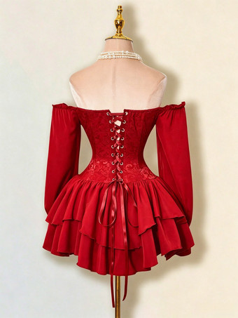 Corset Dress Off Shoulder Long Sleeve Lace Tiered Ruffle Mini Women Gothic Sexy Dress