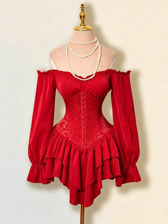 Red Corset Dress Off Shoulder Long Sleeve Lace Tiered Ruffle Mini Women Gothic Sexy Dress