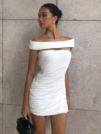 white off the shoulder ruched bodycon dress Party Mini Dress Women Party Cocktail Club Dress Leely Women Sparkly Velevt thats heavyweight and sculpts sp23 Color:Nude/Ivory/Nude