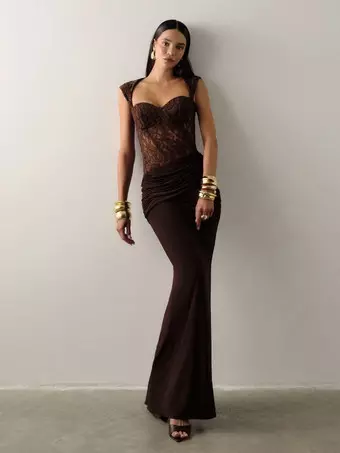 brown lace bodycon dress Party Bustier Ruched Maxi Dress Backless Evening Cocktail Dress Leopard Berry Lace High Neck sleeve: sleevless crafted in intricate black Size:X LARGE