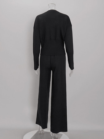 Zweiteiliges braunes Strickset für Damen: Cardigan mit Rundhalsausschnitt und Knöpfen Hose mit weitem Bein