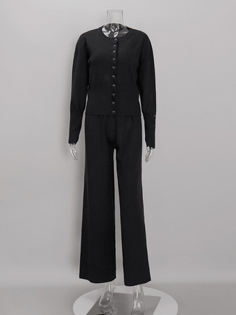 Zweiteiliges braunes Strickset für Damen: Cardigan mit Rundhalsausschnitt und Knöpfen Hose mit weitem Bein