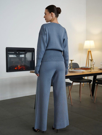 Zweiteiliges braunes Strickset für Damen: Cardigan mit Rundhalsausschnitt und Knöpfen Hose mit weitem Bein
