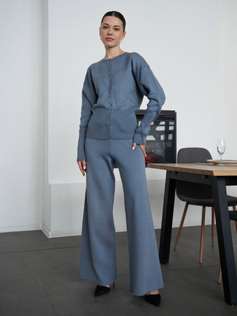 Blau Zweiteiliges braunes Strickset für Damen: Cardigan mit Rundhalsausschnitt und Knöpfen Hose mit weitem Bein