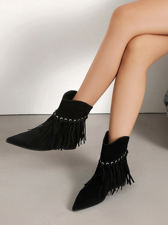 SchwarzBoho-Stiefeletten für Damen Wildleder spitze Zehenpartie flache Stiefeletten