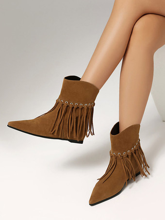 Braun      Boho-Stiefeletten für Damen Wildleder spitze Zehenpartie flache Stiefeletten