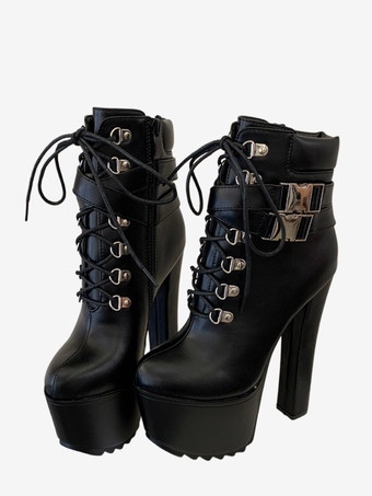 SchwarzSchwarze Stiefeletten mit Plateau spitzer Zehenpartie und hohem Absatz für Damen