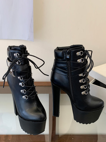 Schwarze Stiefeletten mit Plateau spitzer Zehenpartie und hohem Absatz für Damen