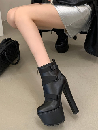 Schwarze Stiefeletten mit Plateau runder Zehenpartie Blockabsatz und Reißverschluss