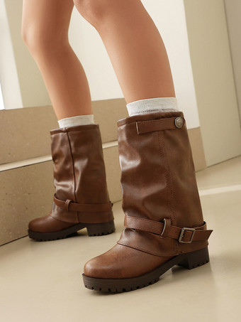 DunkelbraunDamen-Caombat-Stiefeletten mit runder Zehenpartie und Schnallendetail