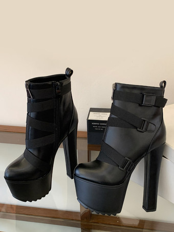 Schwarze Stiefeletten mit Plateau runder Zehenpartie Blockabsatz und Reißverschluss