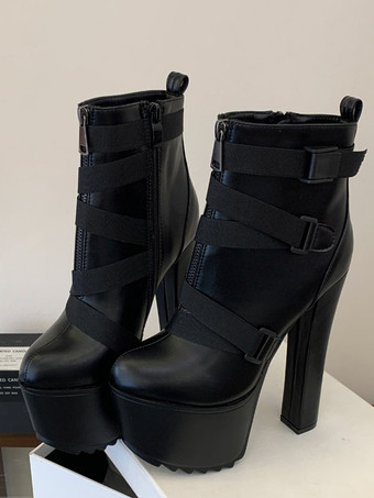Schwarze Stiefeletten mit Plateau runder Zehenpartie Blockabsatz und Reißverschluss