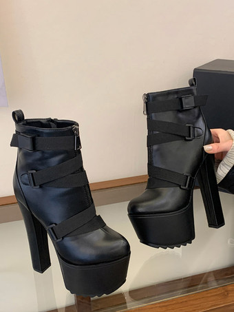 Schwarze Stiefeletten mit Plateau runder Zehenpartie Blockabsatz und Reißverschluss